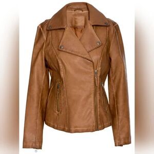 Max Studio Women’s Faux Leather Moto Jacket Medium Brown/Tan